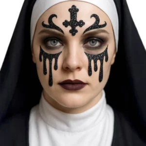 Tatouages pailletés de nonne pour femme noirs avec croix et larmes